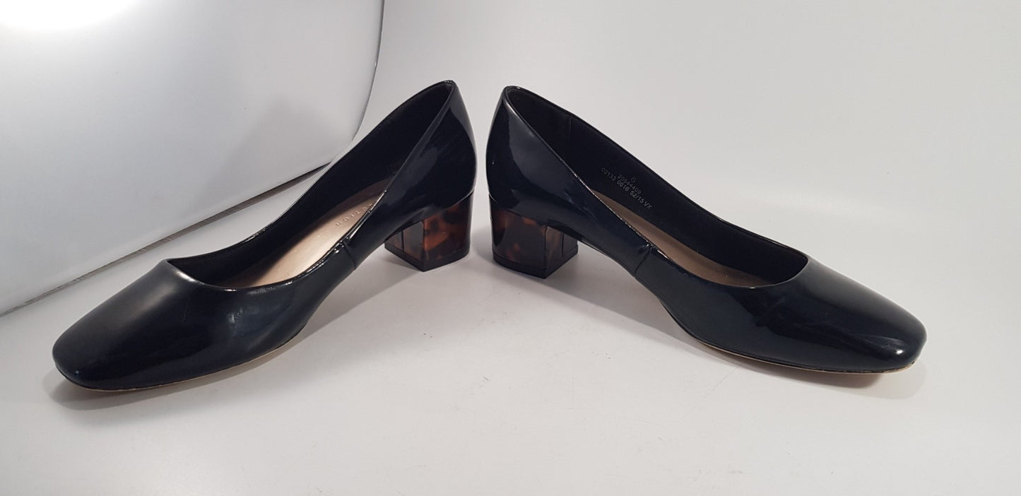 M&S Collection Black Patent Block Heel Slip On Shoes Size 6 Excellent Condition