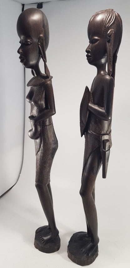 Hand Carved Wooden African Tribal Figurines x2 Man & Women Vintage