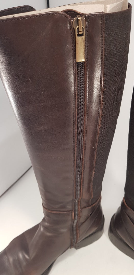 Aquatalia By Marvin K Brown Leather Knee Boots Elastic Sides Buckle Detail Size 4 Ex Con