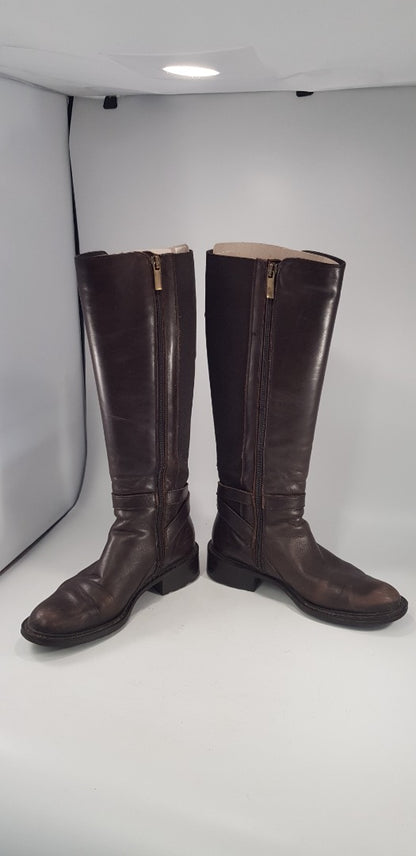 Aquatalia By Marvin K Brown Leather Knee Boots Elastic Sides Buckle Detail Size 4 Ex Con