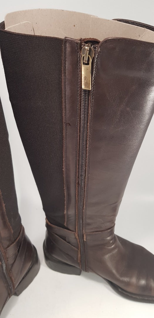 Aquatalia By Marvin K Brown Leather Knee Boots Elastic Sides Buckle Detail Size 4 Ex Con