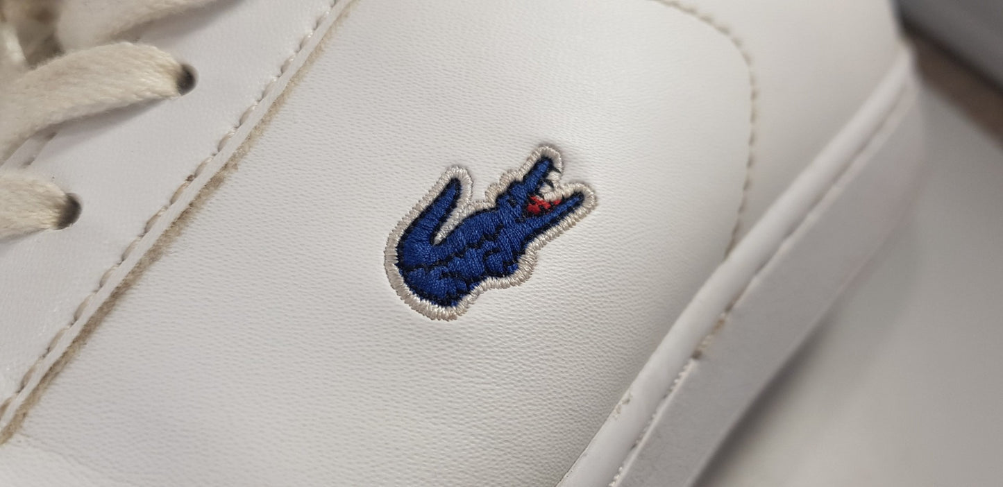 Lacoste Ortholite White Leather Blue Croc Trainers Size 3 VGC