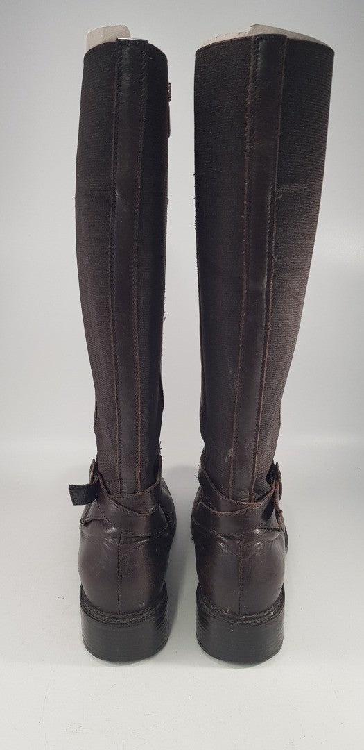 Aquatalia By Marvin K Brown Leather Knee Boots Elastic Sides Buckle Detail Size 4 Ex Con