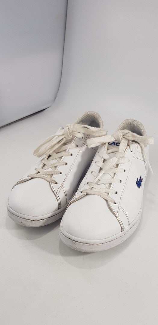 Lacoste Ortholite White Leather Blue Croc Trainers Size 3 VGC