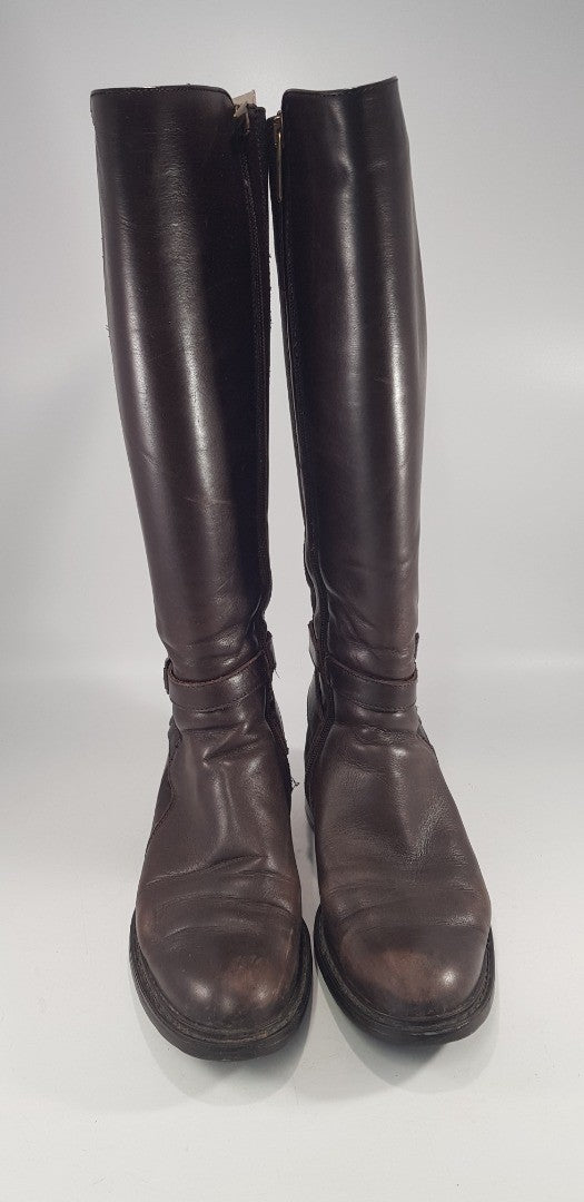 Aquatalia By Marvin K Brown Leather Knee Boots Elastic Sides Buckle Detail Size 4 Ex Con