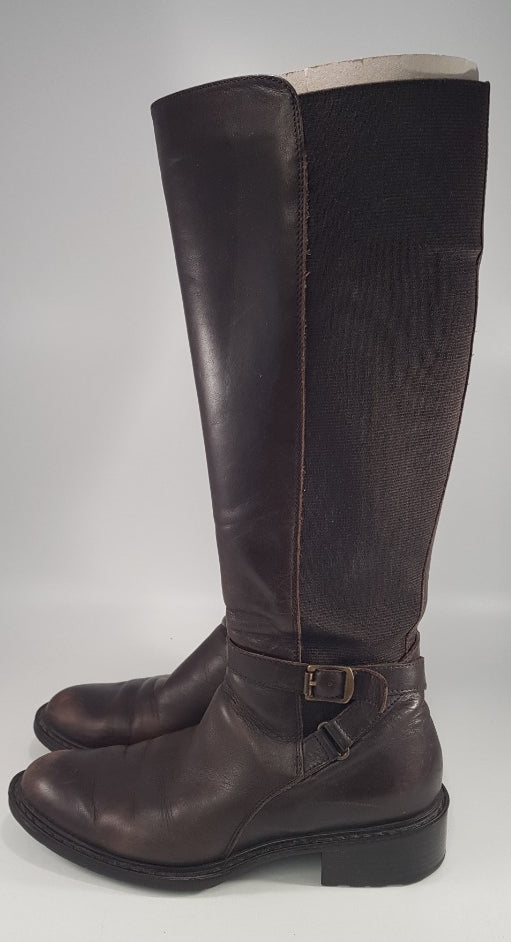 Aquatalia By Marvin K Brown Leather Knee Boots Elastic Sides Buckle Detail Size 4 Ex Con