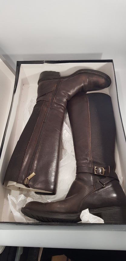 Aquatalia By Marvin K Brown Leather Knee Boots Elastic Sides Buckle Detail Size 4 Ex Con