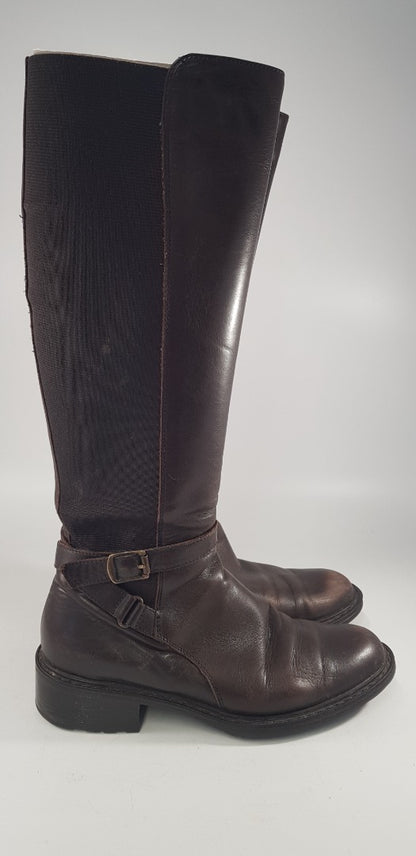 Aquatalia By Marvin K Brown Leather Knee Boots Elastic Sides Buckle Detail Size 4 Ex Con