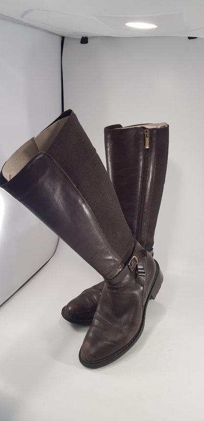 Aquatalia By Marvin K Brown Leather Knee Boots Elastic Sides Buckle Detail Size 4 Ex Con