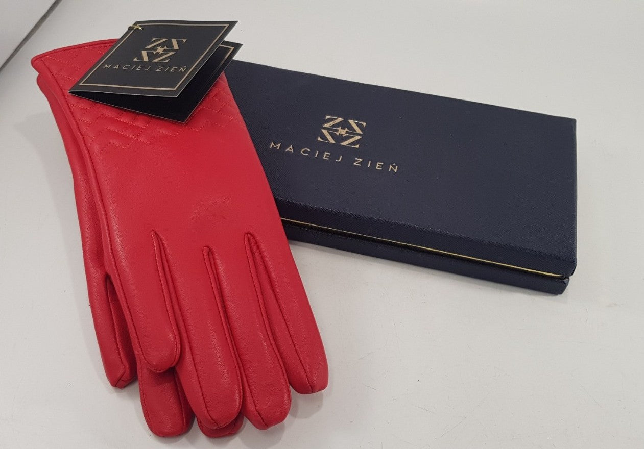 Maciej Zien Elegant Red Leather LadiesGloves Size 7 Soft Fleece Lined New In Box