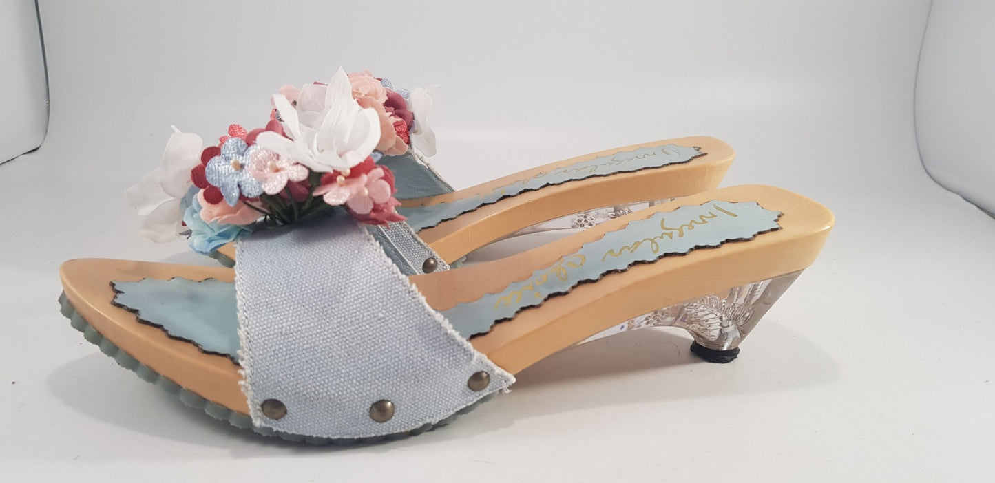 Irregular Choice Baby Blue Floral Mule Slip On Clear Heel Size 6 Excellent Condition