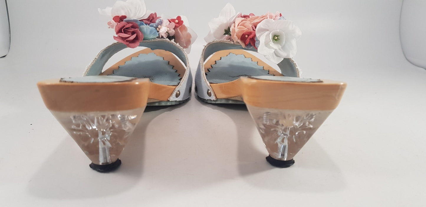 Irregular Choice Baby Blue Floral Mule Slip On Clear Heel Size 6 Excellent Condition