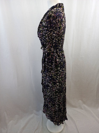 Ganni Black Floral Long Sleeve V Neck Wrap Midi Dress - Size 34 / UK 8