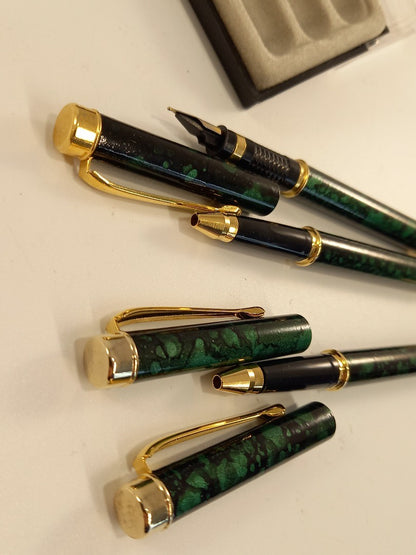 Metallic Green and Gold Tone Vintage Pen Set of 3 in Case - No Cartridges