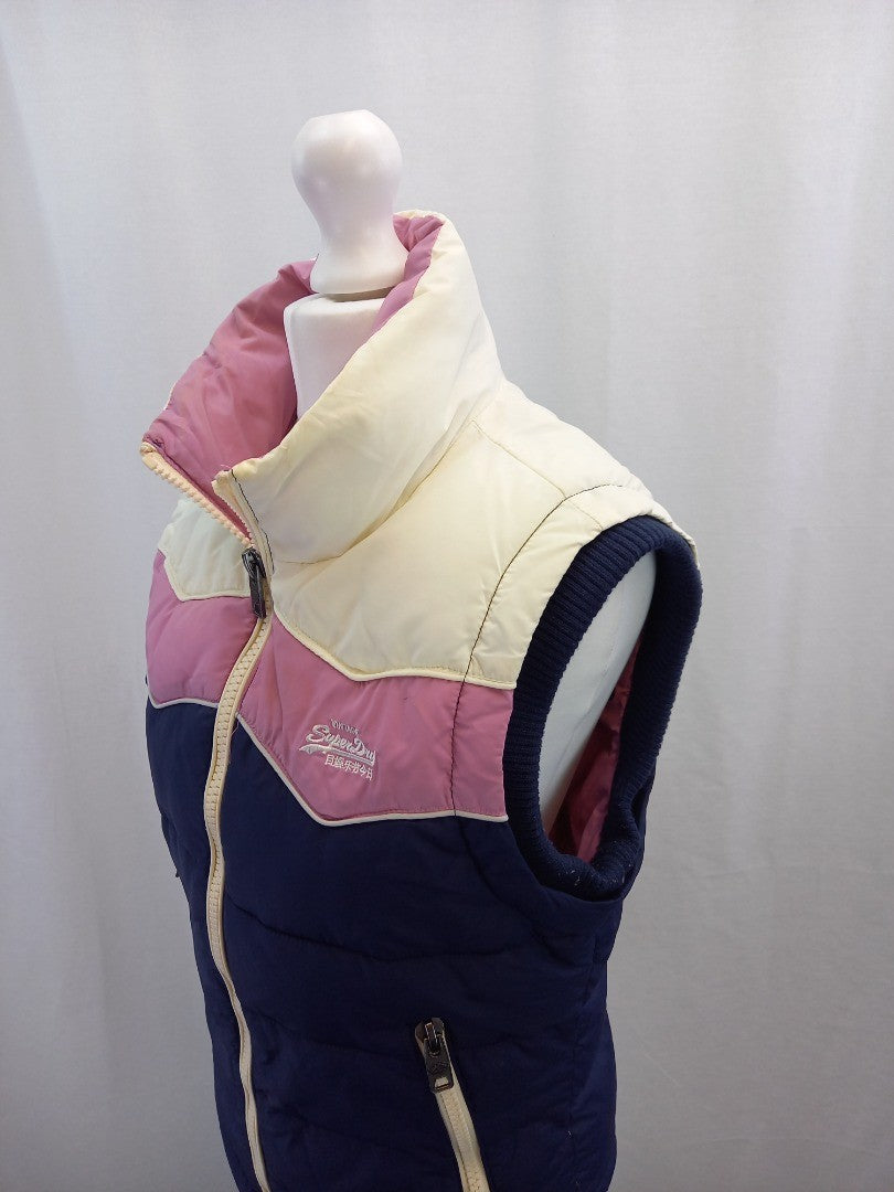 superdry waistcoat gilet navy blue pink white zip front and pockets small