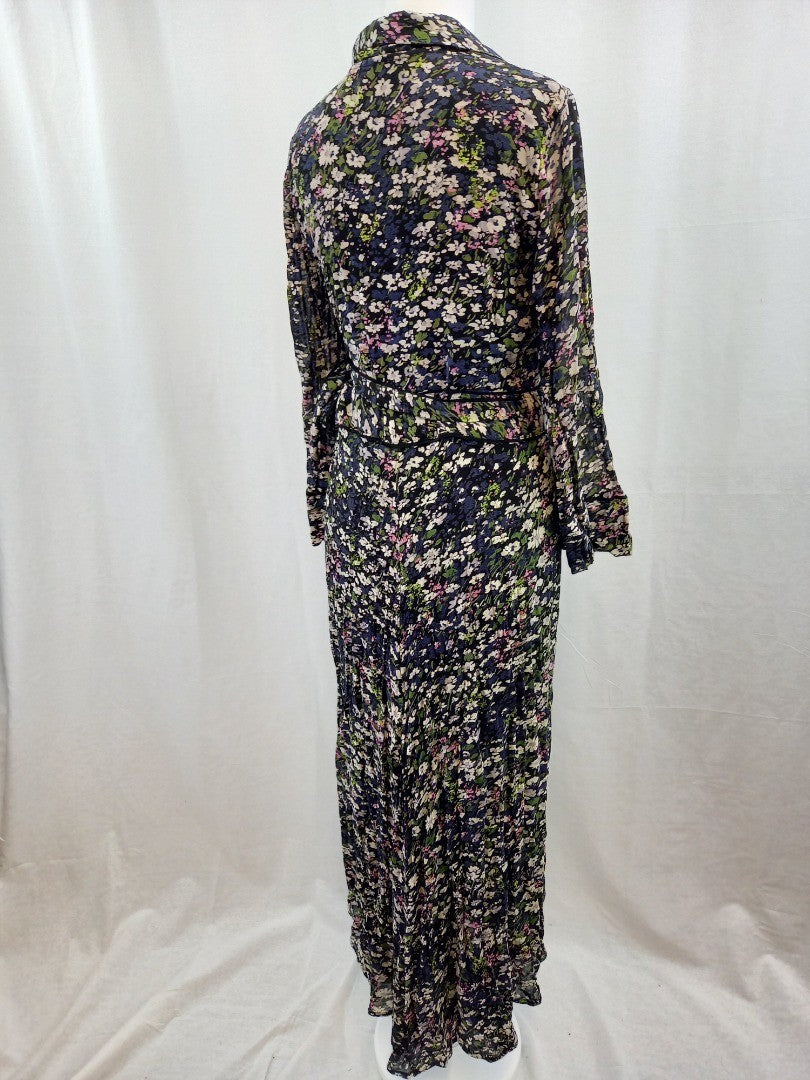 Ganni Black Floral Long Sleeve V Neck Wrap Midi Dress - Size 34 / UK 8