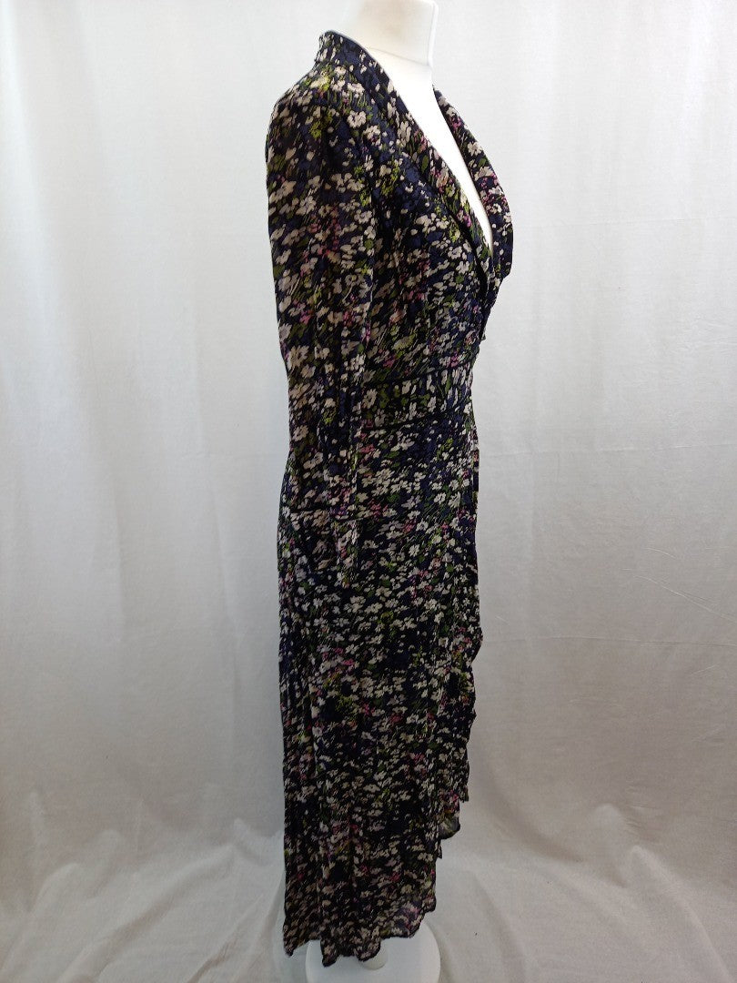 Ganni Black Floral Long Sleeve V Neck Wrap Midi Dress - Size 34 / UK 8