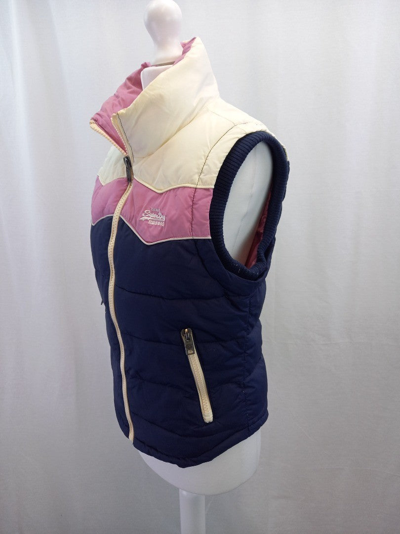 superdry waistcoat gilet navy blue pink white zip front and pockets small