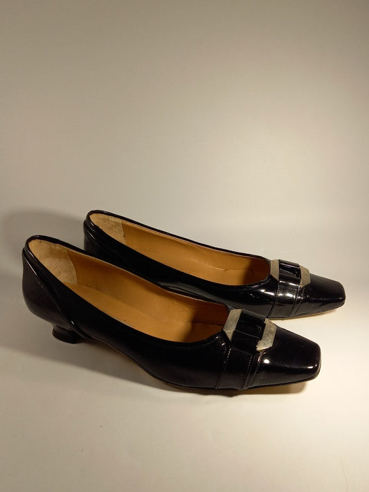 Russell & Bromley Black Patent Leather Kitten Heel Pumps with Buckle Detail UK 6