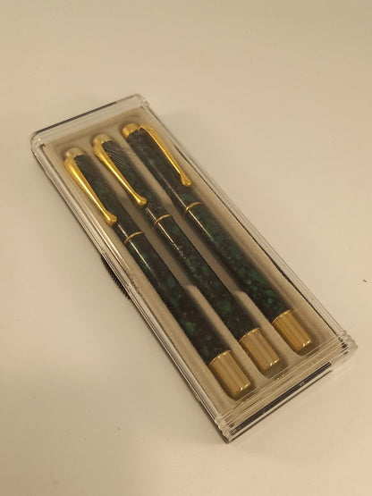 Metallic Green and Gold Tone Vintage Pen Set of 3 in Case - No Cartridges