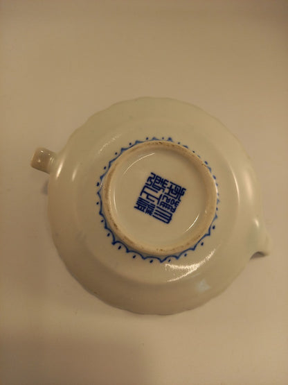 Hand Painted White & Blue Lotus Pattern Flat Ridged Miniature Porcelain Teapot