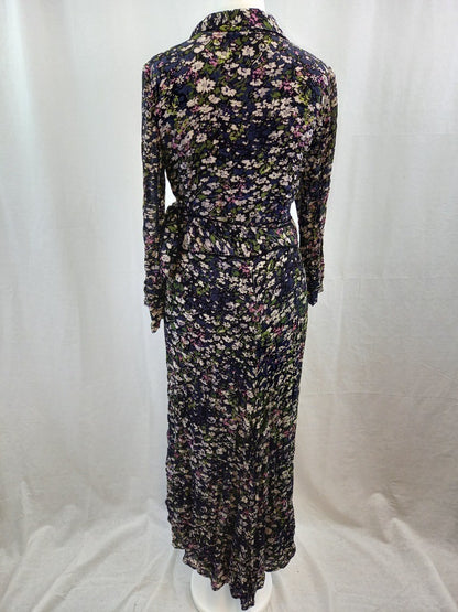 Ganni Black Floral Long Sleeve V Neck Wrap Midi Dress - Size 34 / UK 8