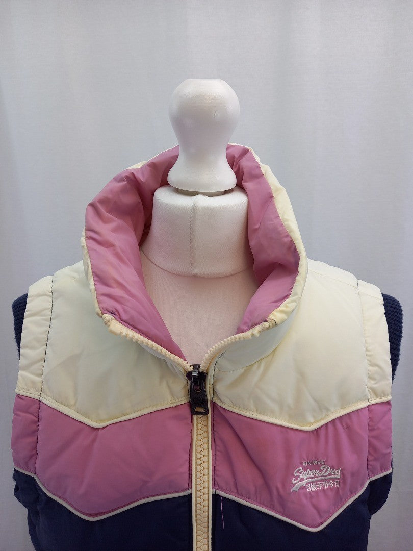 superdry waistcoat gilet navy blue pink white zip front and pockets small