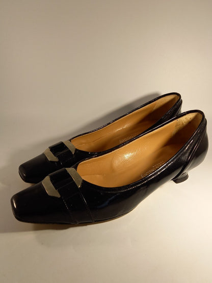 Russell & Bromley Black Patent Leather Kitten Heel Pumps with Buckle Detail UK 6