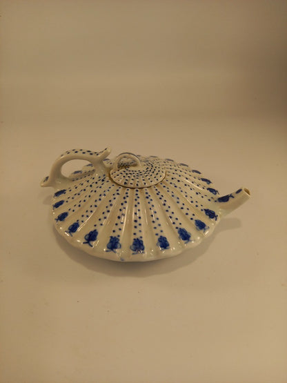 Hand Painted White & Blue Lotus Pattern Flat Ridged Miniature Porcelain Teapot