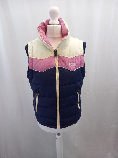 superdry waistcoat gilet navy blue pink white zip front and pockets small