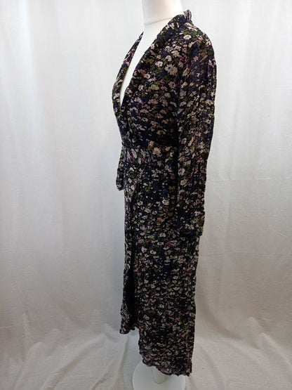 Ganni Black Floral Long Sleeve V Neck Wrap Midi Dress - Size 34 / UK 8