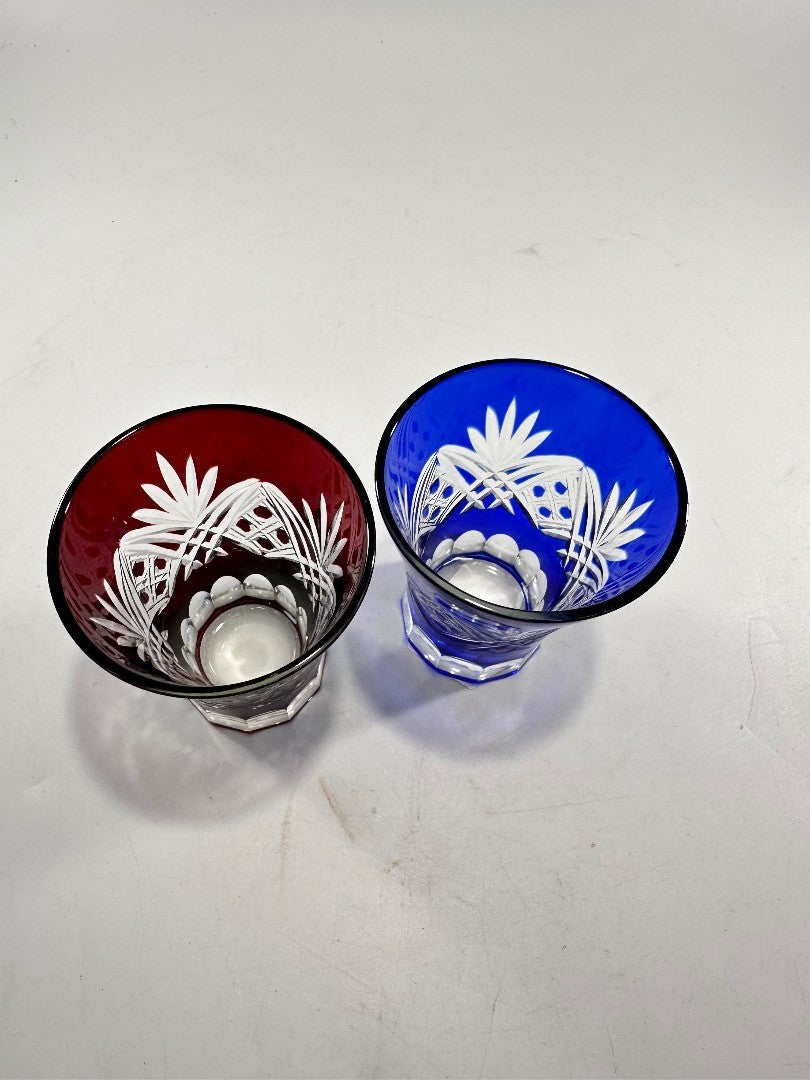 Ruby Red Cobalt Blue Hand Blown Cut Glass Crystal Tumbler Glasses Pair