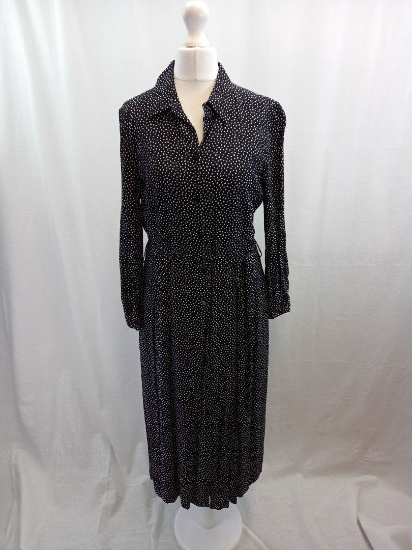 hobbs black white shirt dress size 10 dots with belt btton front with pockets