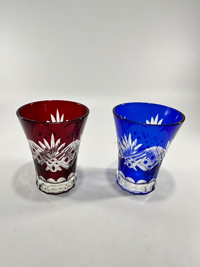 Ruby Red Cobalt Blue Hand Blown Cut Glass Crystal Tumbler Glasses Pair