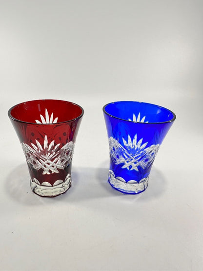 Ruby Red Cobalt Blue Hand Blown Cut Glass Crystal Tumbler Glasses Pair