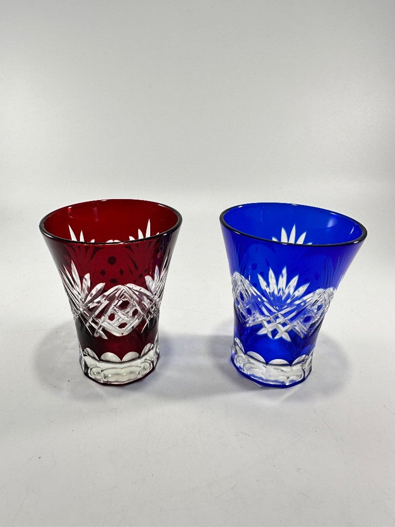 Ruby Red Cobalt Blue Hand Blown Cut Glass Crystal Tumbler Glasses Pair