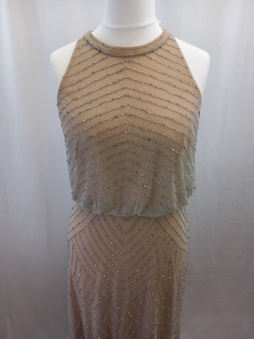 adrianna papell maxi dress 16 beaded chiffon BNWT nude colour natural prom