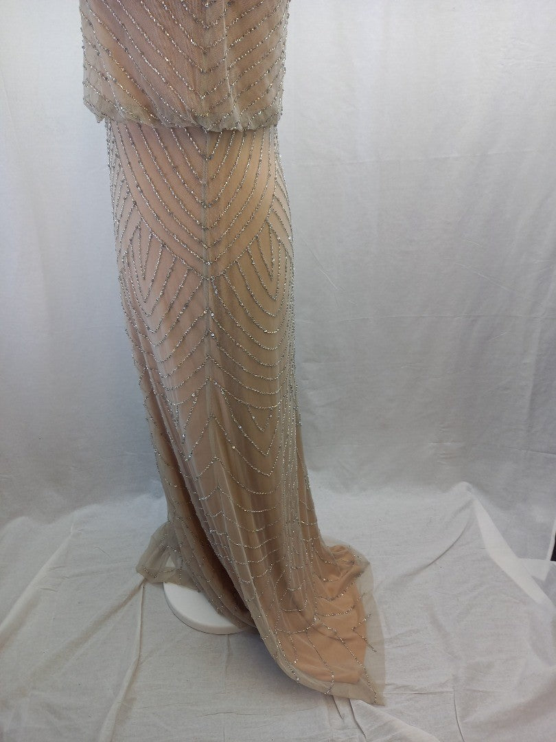 adrianna papell maxi dress 16 beaded chiffon BNWT nude colour natural prom