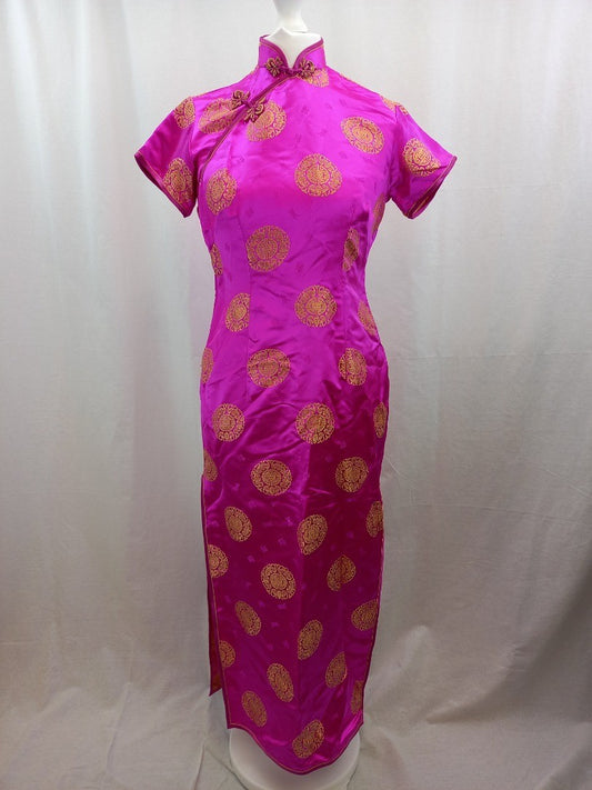 Manon Bright Pink Satin Chinese Style Vintage Dress with Gold Embroidery - UK 12