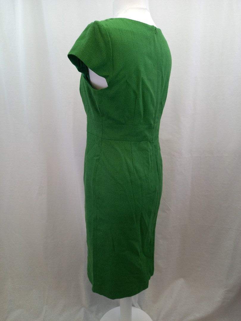 LK Bennett Green Woven Pleated Midi Fitted Pencil Dress - Size UK 14