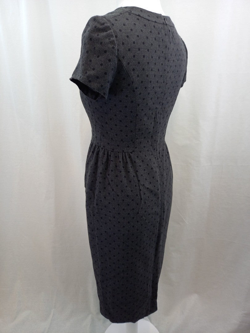 Boden Grey Polka Dot Woolen V Neck Midi Pencil Dress - Size 12L