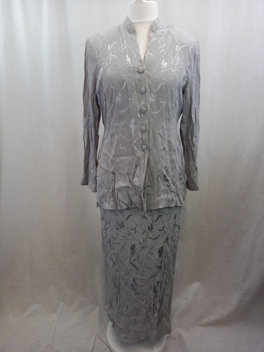 Principles Grey Floral Embroidered 1990s Vintage 2 Piece Skirt Suit - Size 16/18