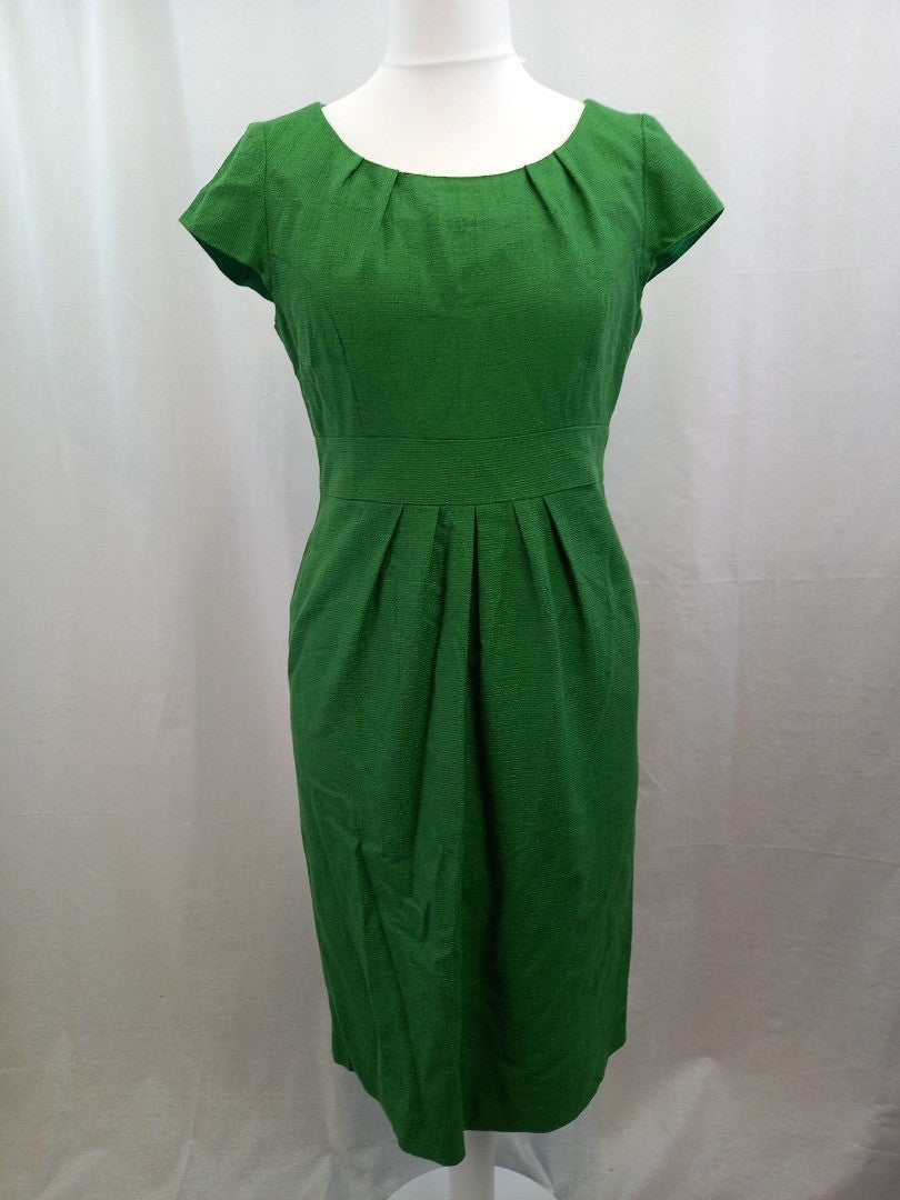 LK Bennett Green Woven Pleated Midi Fitted Pencil Dress - Size UK 14