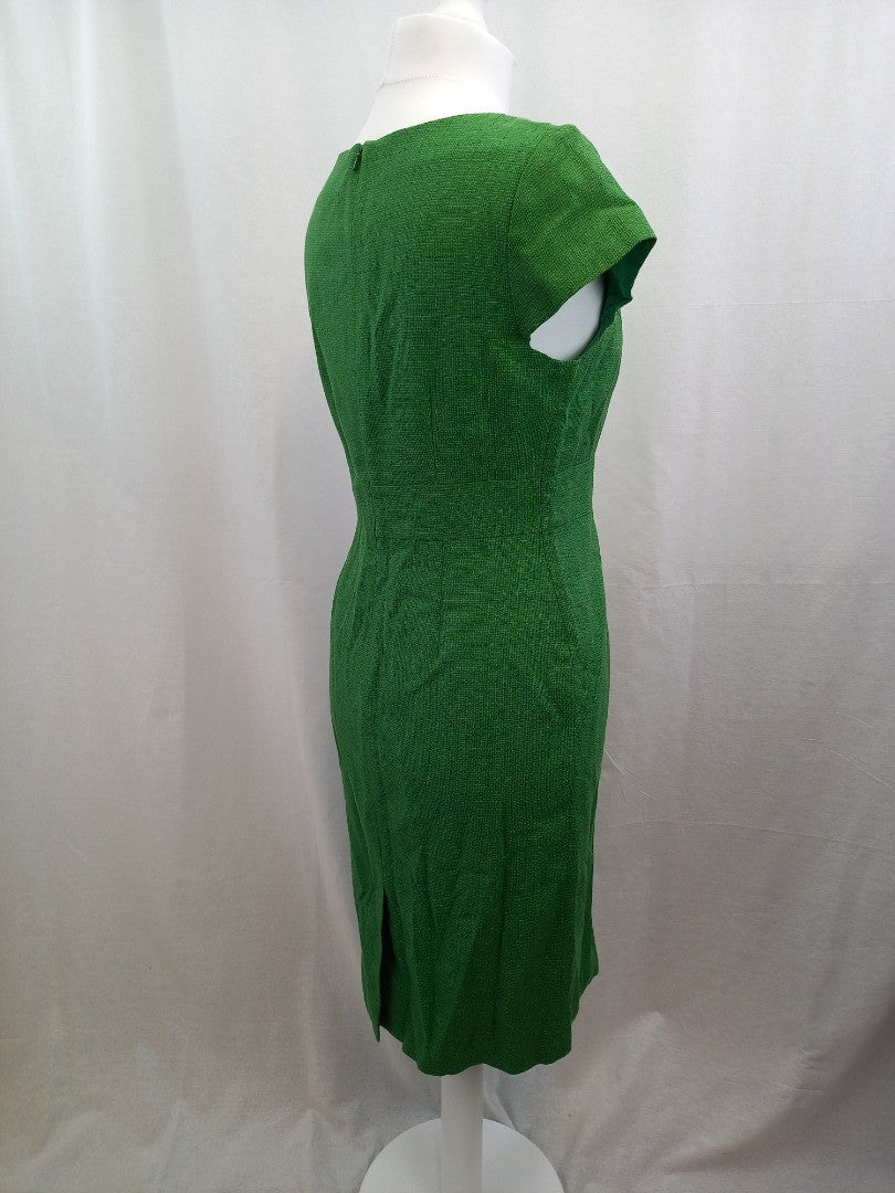 LK Bennett Green Woven Pleated Midi Fitted Pencil Dress - Size UK 14