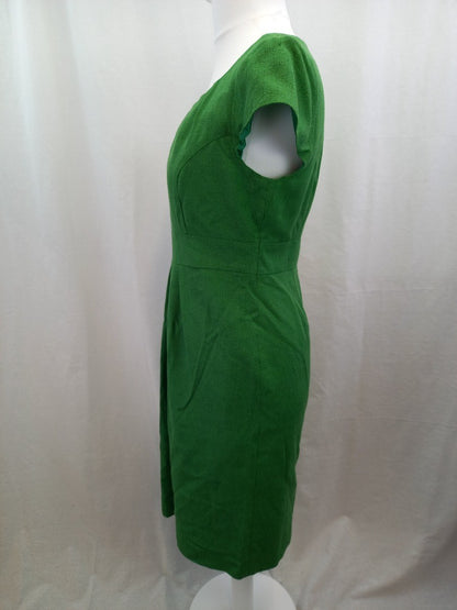 LK Bennett Green Woven Pleated Midi Fitted Pencil Dress - Size UK 14