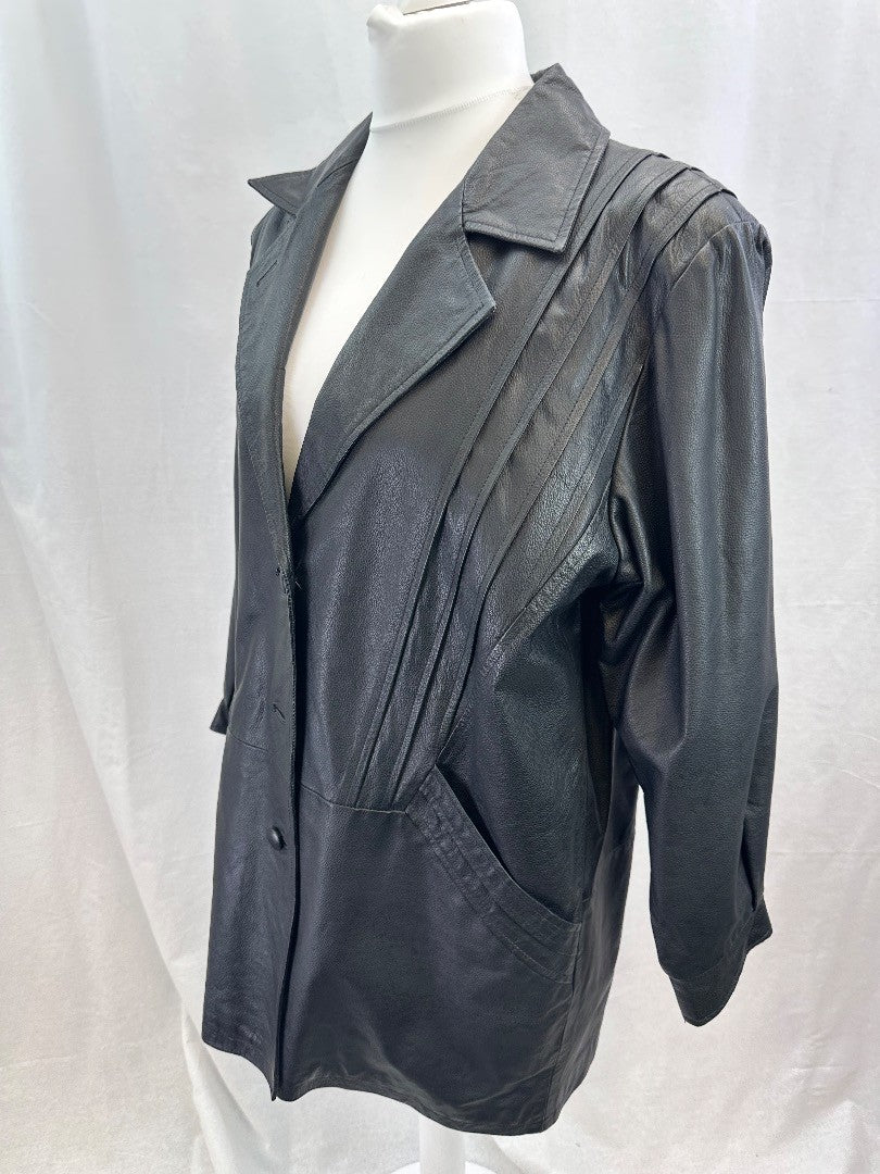 Modern Classics Black Leather Mid Length Jacket Coat Size 16 VGC