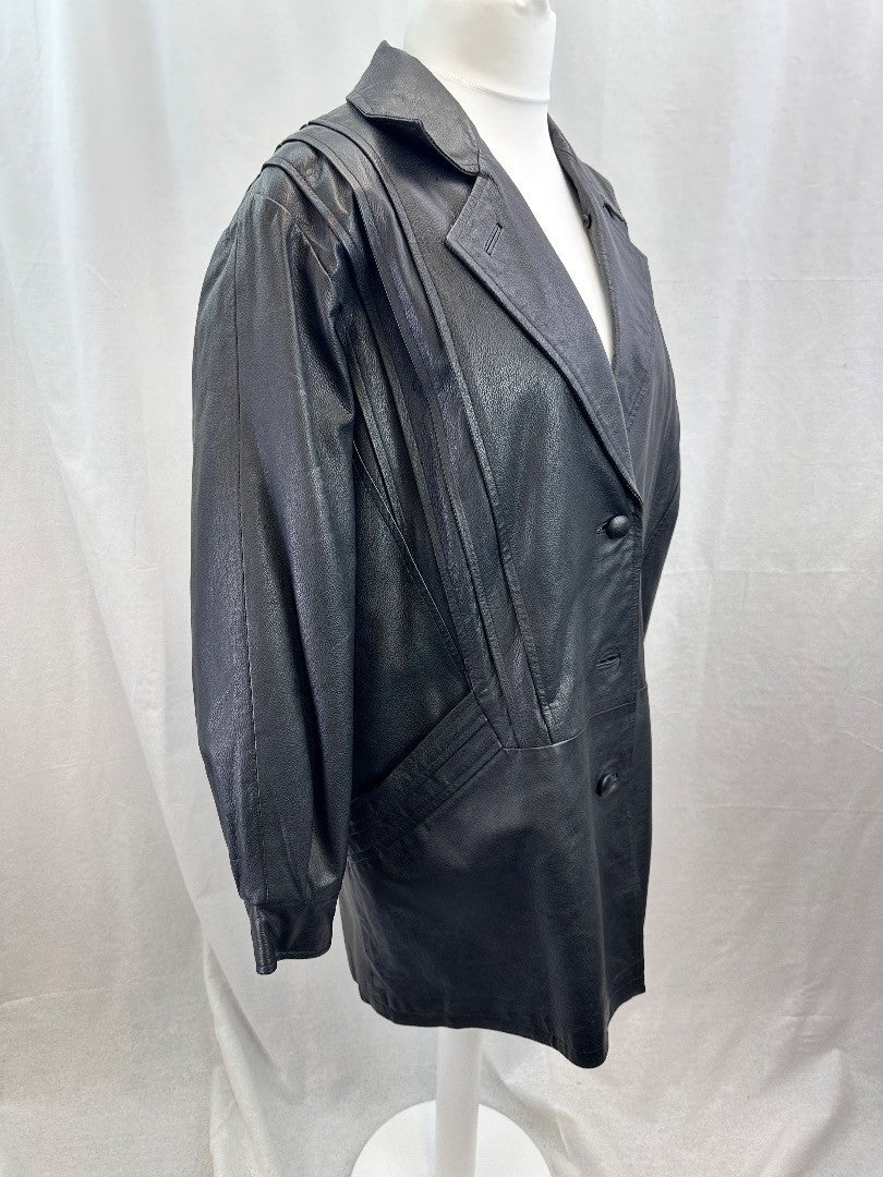 Modern Classics Black Leather Mid Length Jacket Coat Size 16 VGC