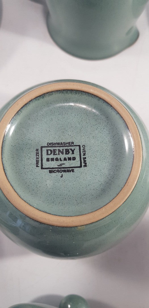 Denby Manor Green Tea Set - Cup Saucers Jug  Sugar Bowl Excellent Condition