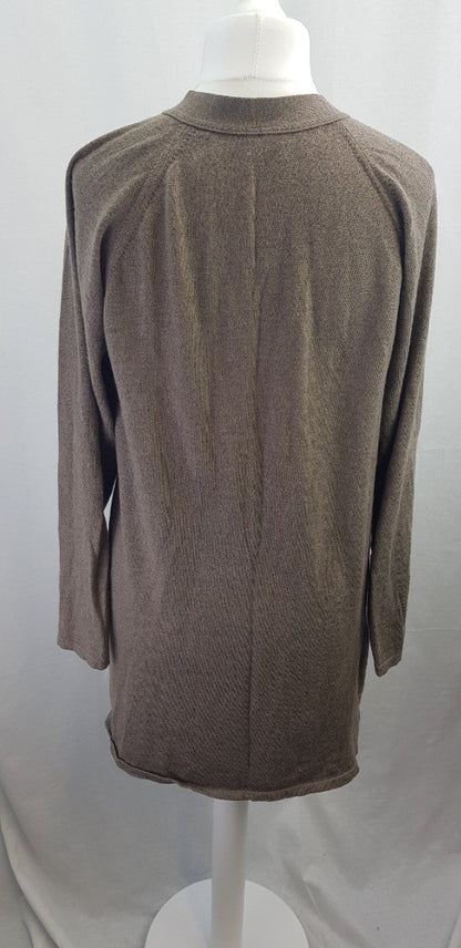 Lacoste Brown Long Cardigan Pockets 100% Wool Size 12/14 Excellent Condition