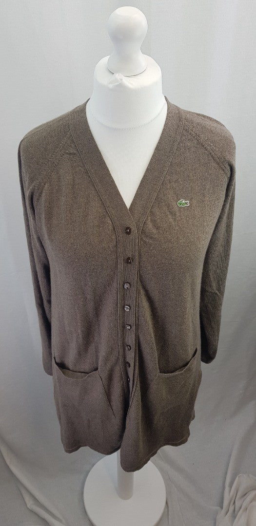 Lacoste Brown Long Cardigan Pockets 100% Wool Size 12/14 Excellent Condition